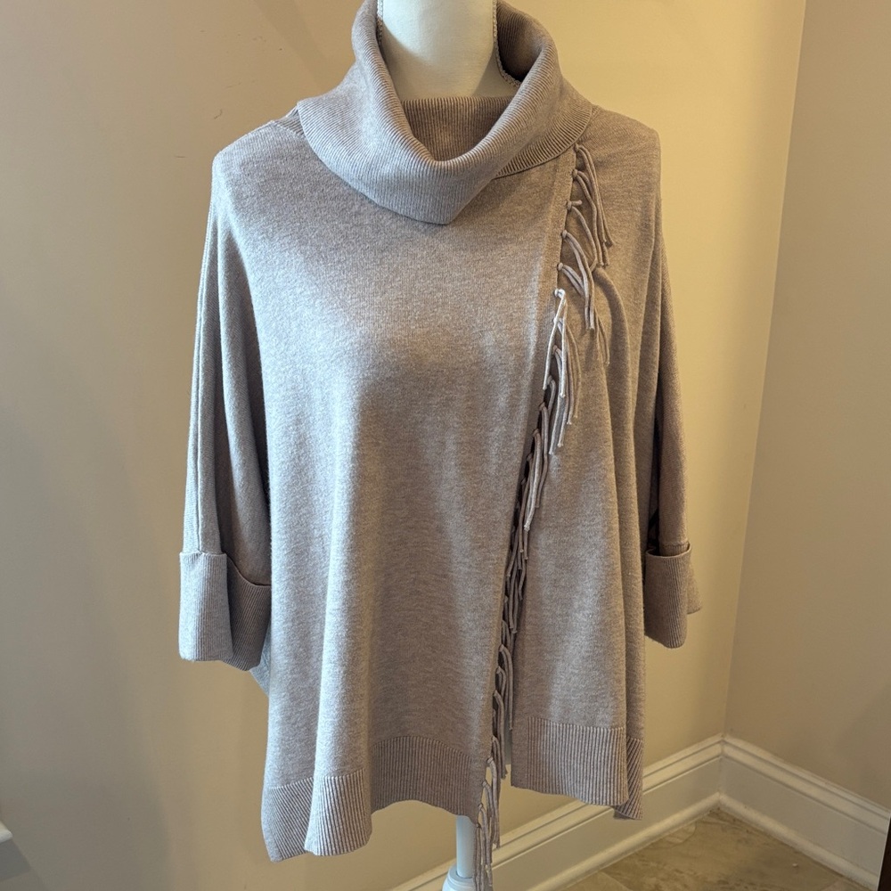 Chico’s Cowl Neck Fringe Tunic Sweater in Taupe